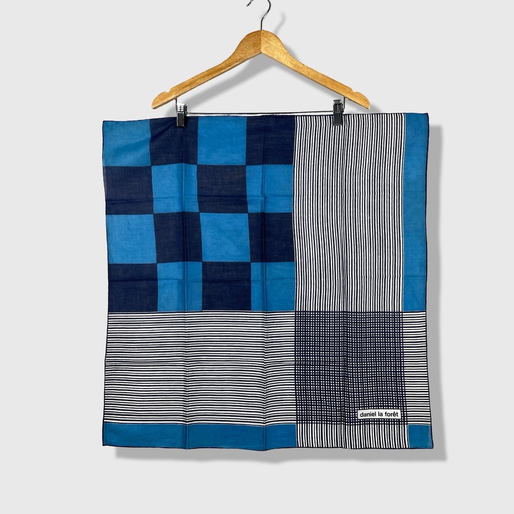 Vintage Daniel La Foret Scarf Unisex 26x26 Blue Geometric Striped Mod Maximalist